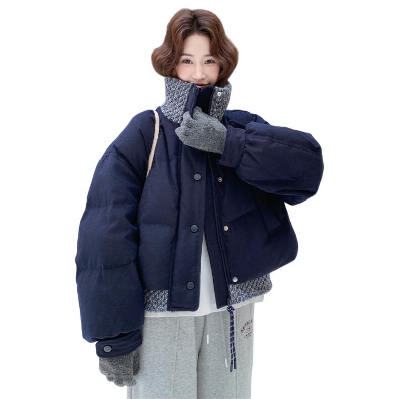 藏青色针织拼接短款羽绒服女2025冬新款设计感小个子90白鸭绒外套,女装羽绒服,辉之琳