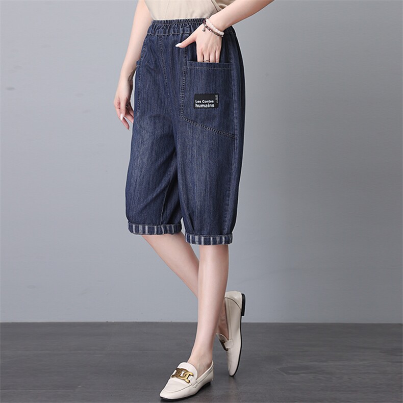 夏季时尚女装夏季流行新款宽松文艺拼接休闲六分哈伦牛仔裤女，女装牛仔裤，文熹诺