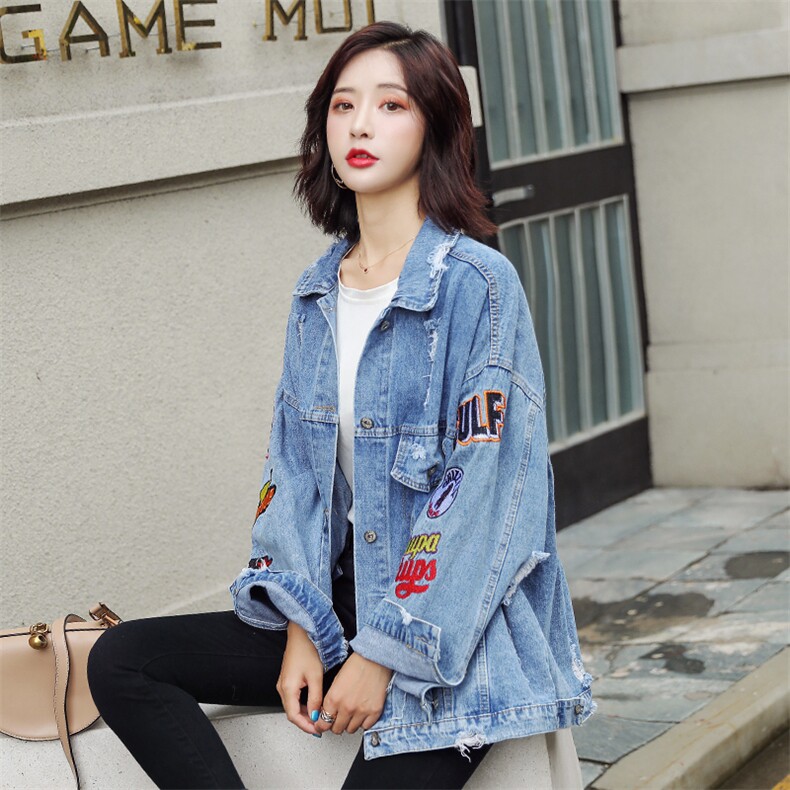 重工OVERSIZE刺绣牛仔外套女春秋新款宽松显瘦破洞,女装短外套,潮品会