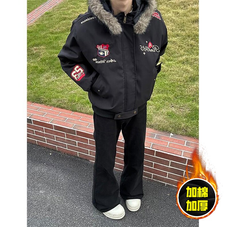 现货高品质美式高街重磅刺绣座山雕大毛毛领棉衣男女加厚棉服外套,男装棉衣,电商A486