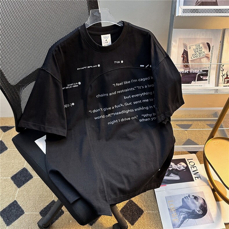 简约字母印花不规则拼接短袖T恤夏季宽松情侣街头潮牌嘻哈半袖衫,男装T恤,星座1013