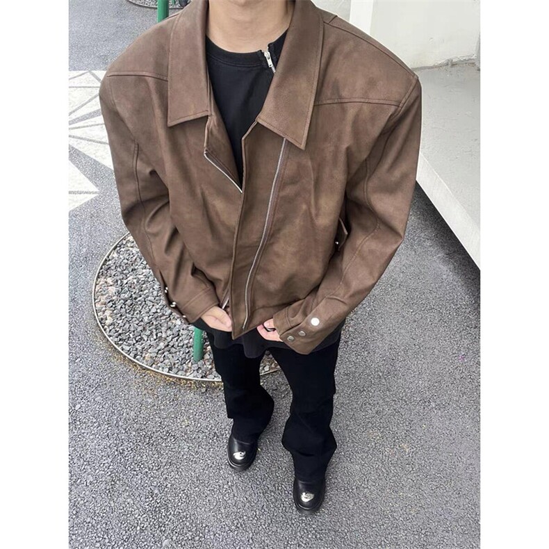 不规则拉链PU皮衣外套男款春秋季宽松百搭短款夹克上衣 PA21图片