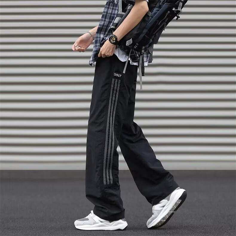 W319-P40 港风裤子男士夏薄款三条杠宽松直筒裤长裤休闲裤运动裤图片