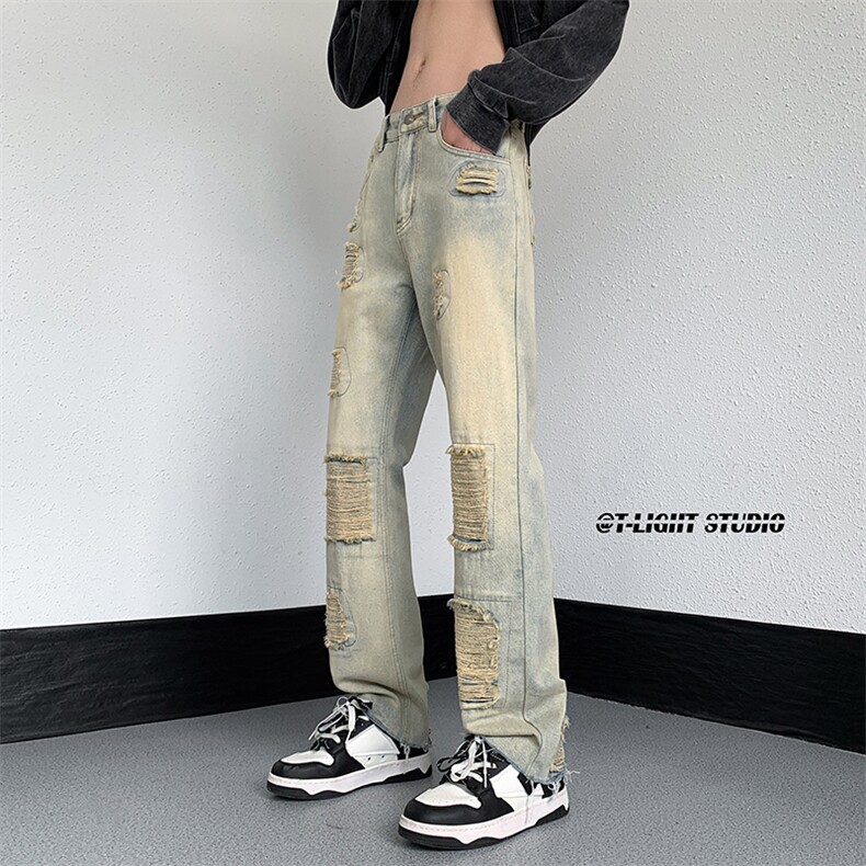 B221美式ins高街暗黑小众修身微喇破洞牛仔裤LK23055-P65控88,男装牛仔裤,电商B221