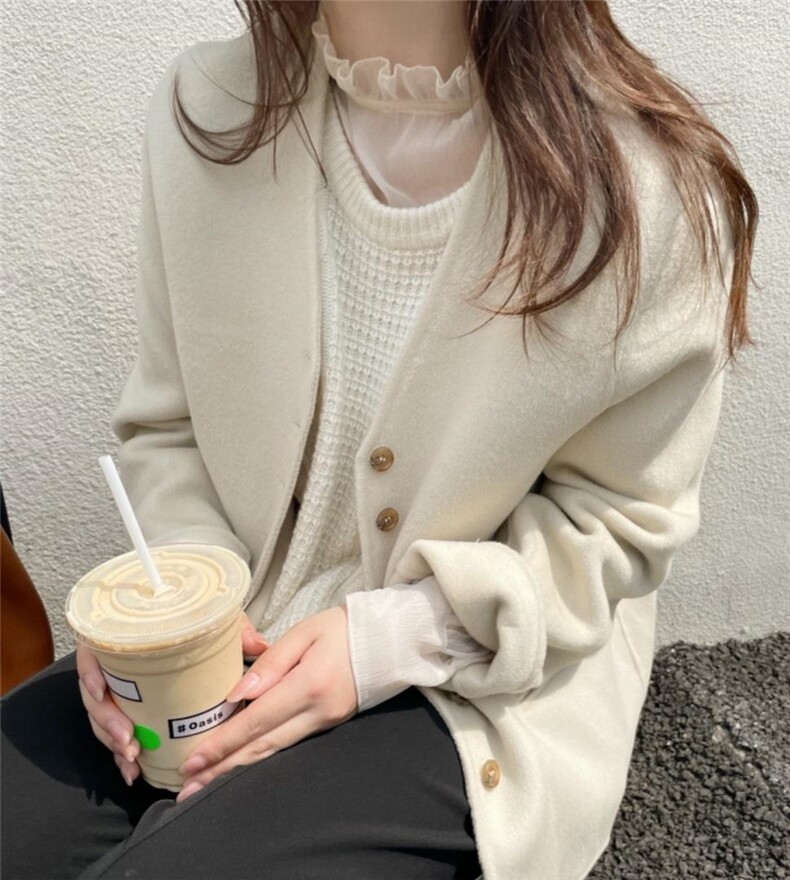 秋冬新款短款小v领排扣韩系简约羊绒大衣，其它，HJ