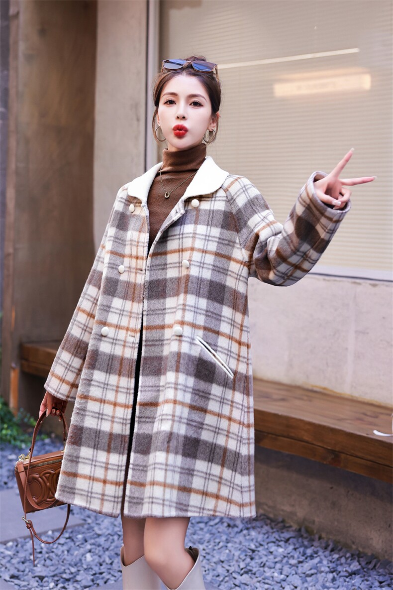 海军娃娃领格子双面羊绒大衣女秋冬独特好看高级感中长款毛呢外套,女装双面呢大衣,雅静靓衣