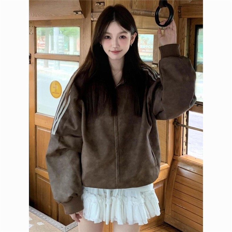 美式复古美拉德棕擦色条纹翻领皮衣外套情侣潮牌宽松百搭夹克,男装皮衣,星座1210-1