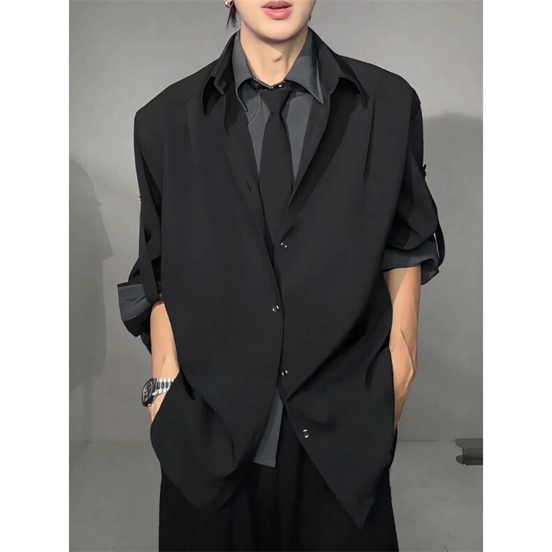 假两件拼接领带设计感衬衫男款早秋季高级感衬衣外套痞帅休闲西装，男装西服套装，星座506A