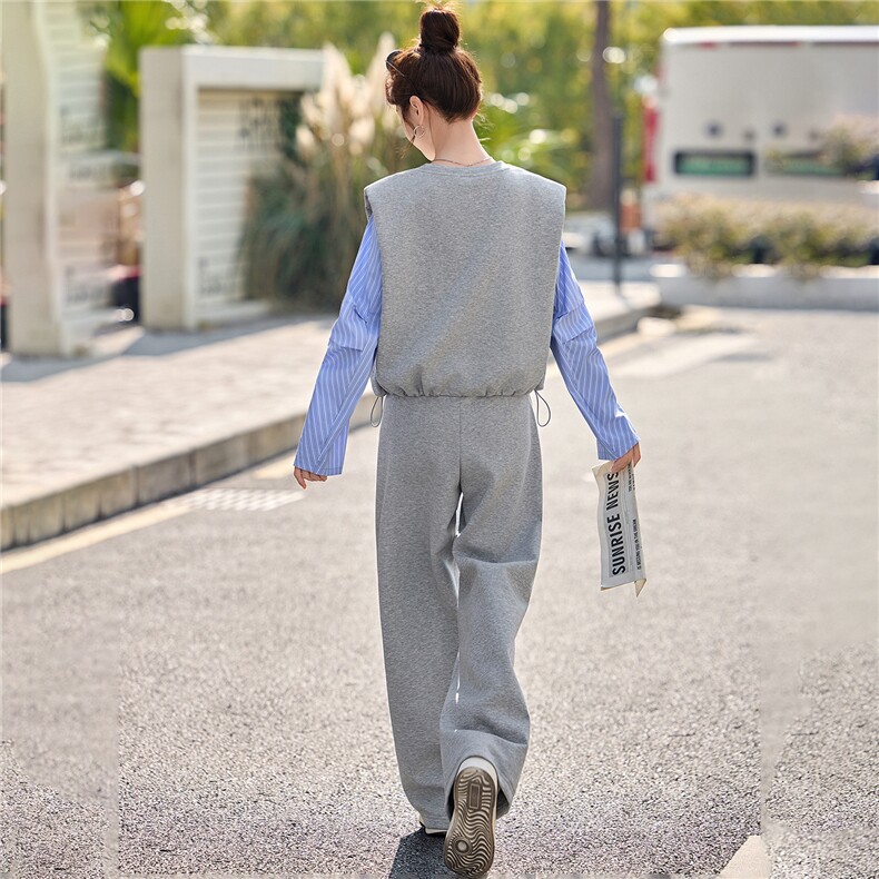2026春新款休闲竖条衬衣拼接卫衣屁帘阔腿裤套装,女装套装/套裙,瑶迪依秀
