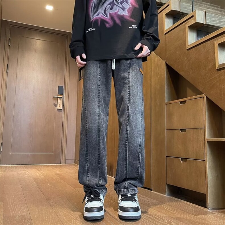 美式vibe牛仔裤男春季潮牌拼接贴标宽松阔腿裤高街百搭抽绳长裤子,男装牛仔裤,星座410-6（原星座1304-1）