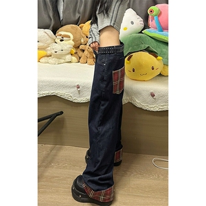 特批P40无差价秋季水洗复古大码中性格子卷边牛仔阔腿裤N9050图片