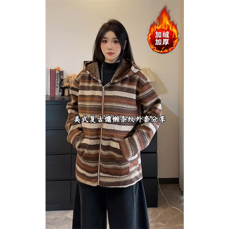 冬季加绒条纹卫衣针织开衫美式复古休闲撞色款5D1193-TP65118,男装卫衣,电商A102