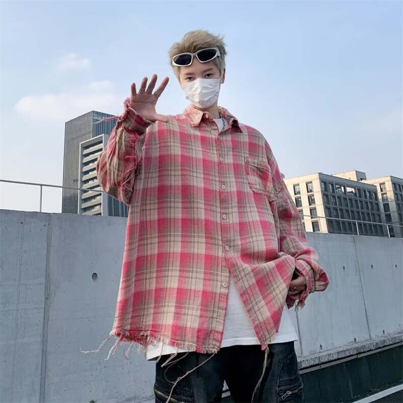 毛边格子衬衫简约原宿气质ins新款时尚潮流流行日系文艺长袖衬衫,男装衬衫,星座1013
