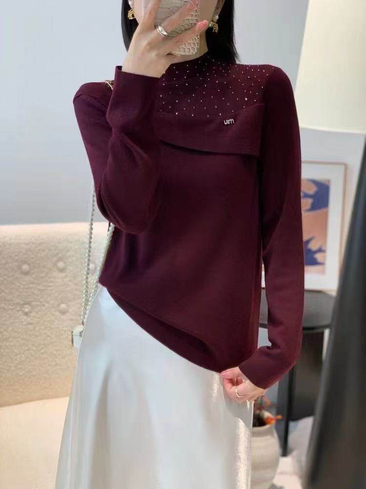 2025年秋季时尚百搭通勤简约休闲花边镶钻半高，女装针织衫/毛衣，暖烁特种纱工厂店