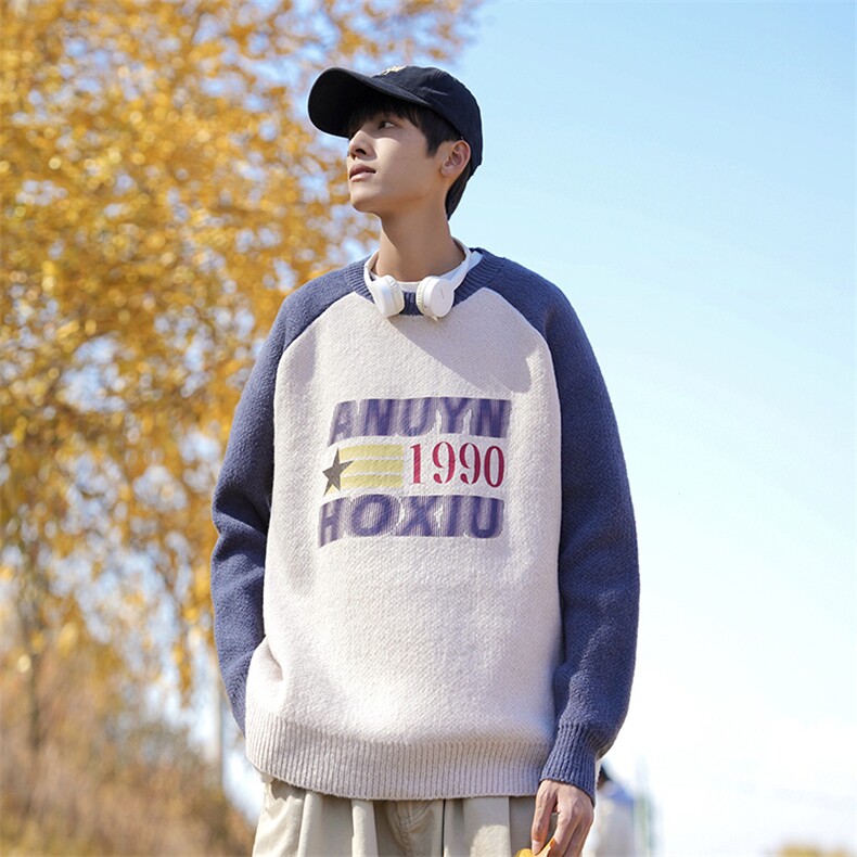 2023秋冬季韩版宽松潮流针织衫圆领套头拼接撞色毛衣男M1011-P45,男装针织衫/毛衣,星座512-2