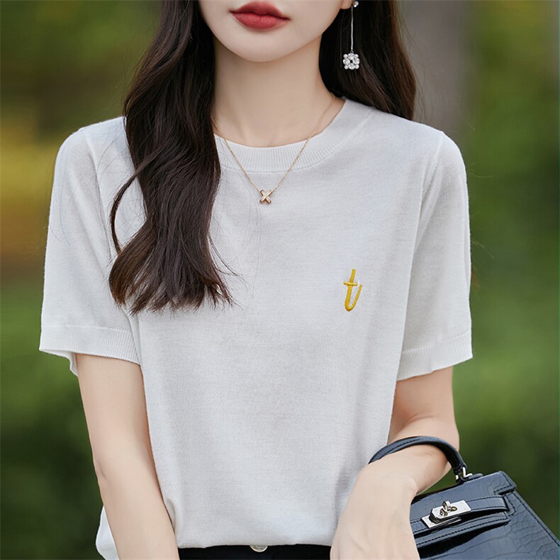 夏薄款莱赛尔天丝针织短袖女圆领刺绣桑蚕丝T恤打底宽松半袖上衣图片