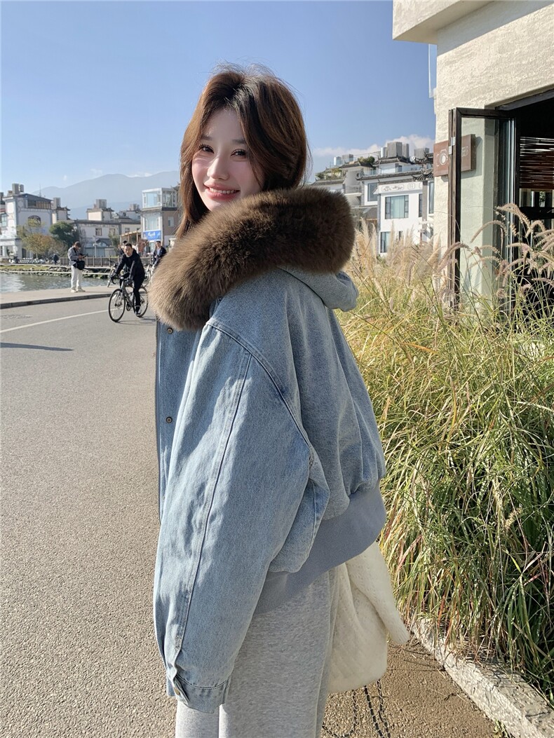 美式复古宽松加绒保暖羽绒内胆连帽牛仔外套女可拆卸毛领宽松夹克,女装羽绒服,艾米莉亚