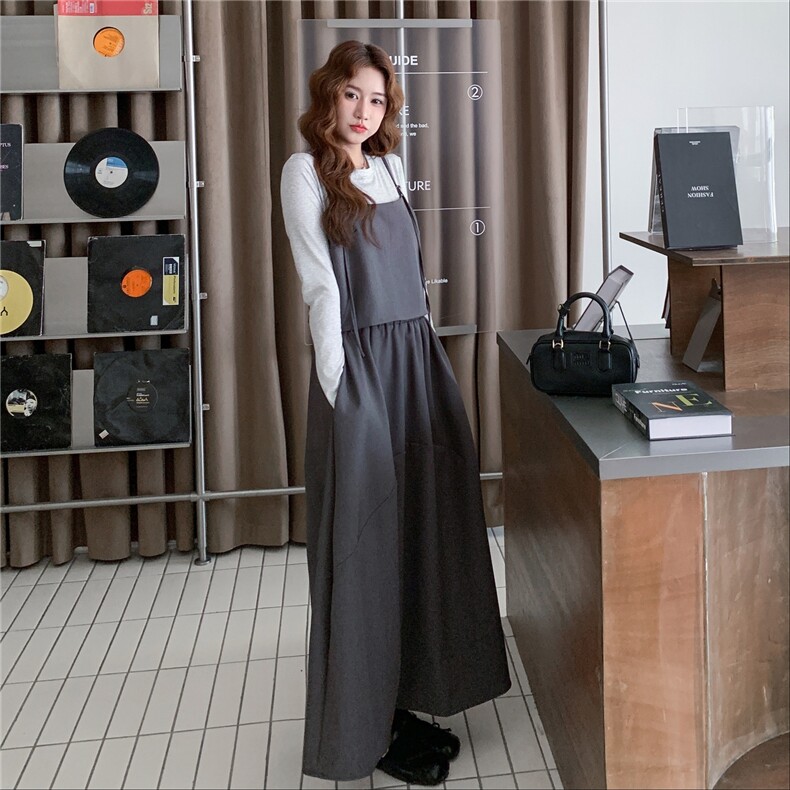 灰色日系温柔学院风套装女2025秋季简约百搭吊带T恤半身裙三件套,女装套装/套裙,2C239