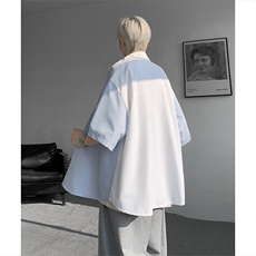 仓库现货CS1120-特批25条纹撞色拼接百搭痞帅大码短袖衬衫，男装衬衫，电商A059
