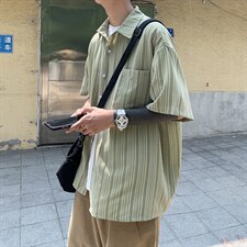 现货夏季条纹短袖衬衫休闲宽松翻领日系潮流ins衬衣 W3121-P28图片