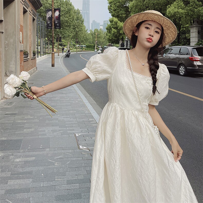 泡泡袖方领气质连衣裙女2025年夏季新款高腰减龄短袖长裙,女装连衣裙,韩蜜菓