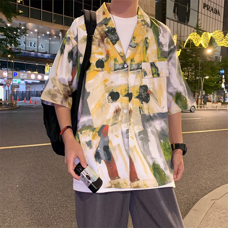 2023夏季ins复古油画碎花短袖衬衫男女bf设计休闲花衬衫W904-P35,男装衬衫,星座512-2