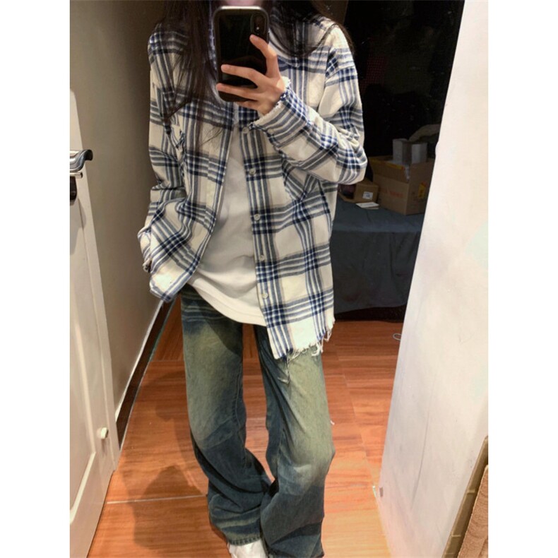 【有货】cleanfit毛边黑白格子衬衫设计感破坏衬衣C909LL-特P50图片