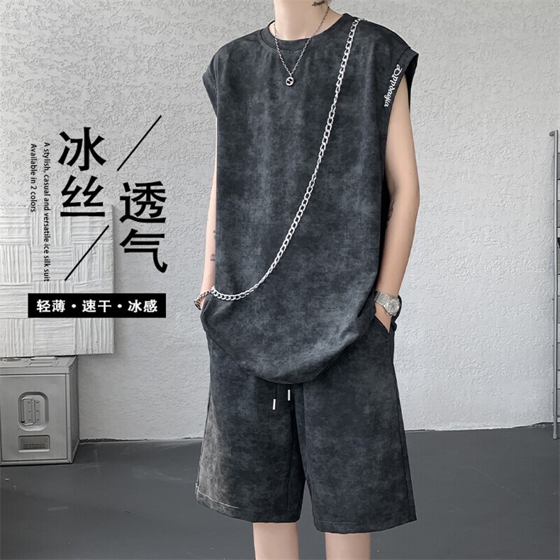 特批P48无差价扎染字母刺绣大码冰丝休闲背心短裤两件套男TZ5146图片