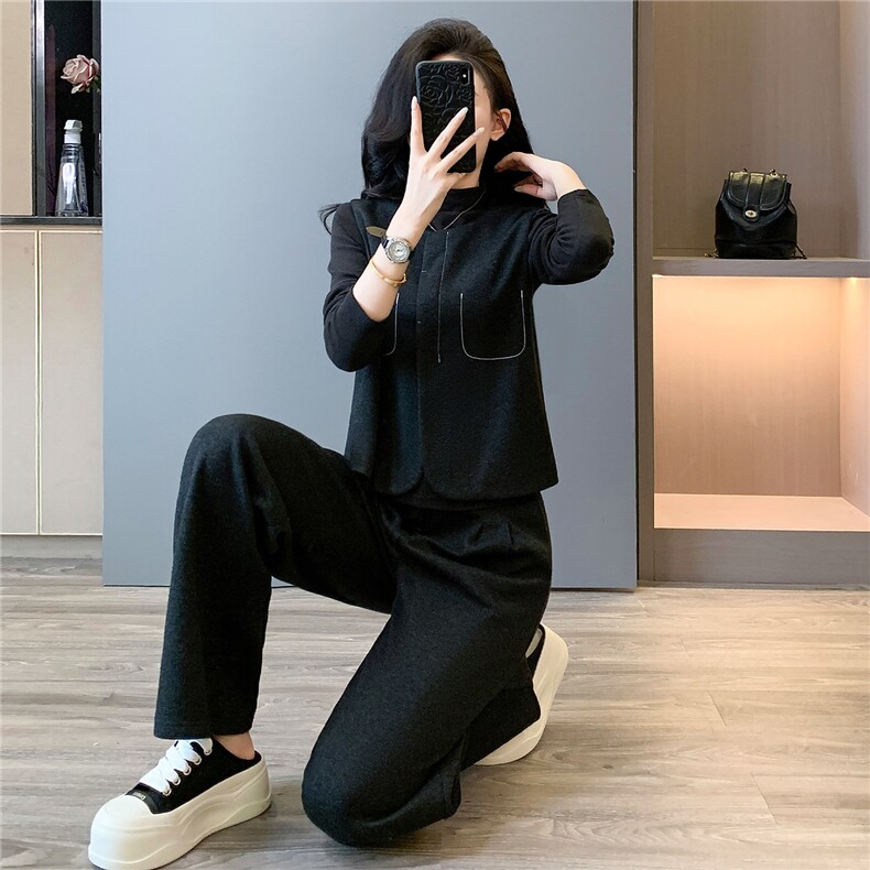 休闲运动套装女秋季新款显瘦马甲外套内搭深灰打底衫阔腿裤三件套,女装套装/套裙,江南