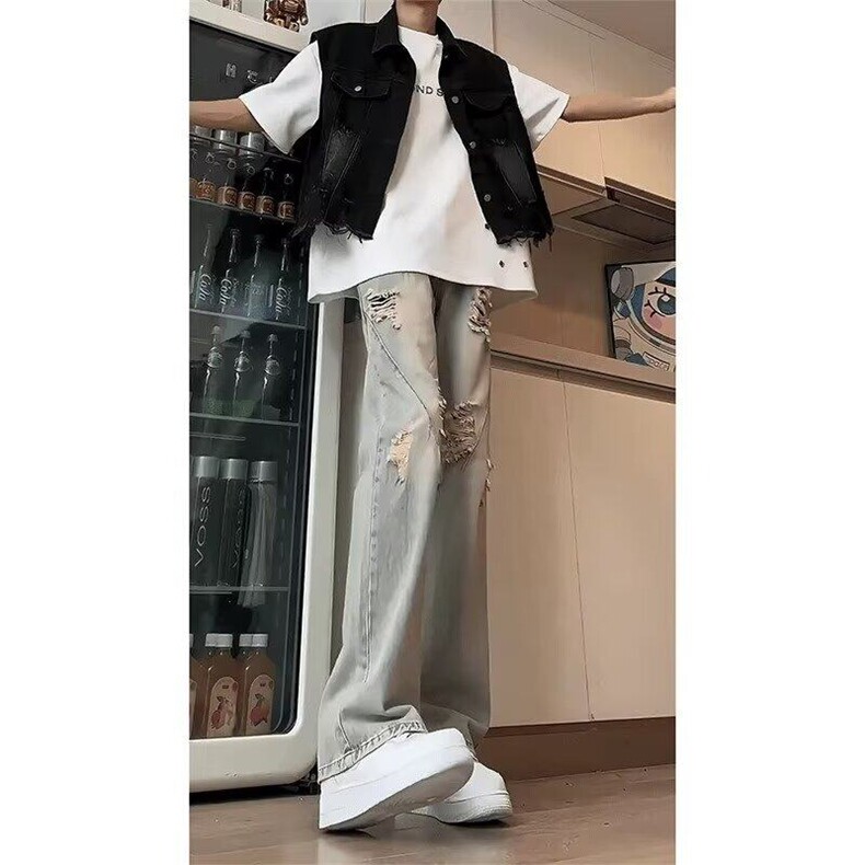 男士破洞薄款牛仔裤男款2025新款美式宽松直筒微喇裤子NK6619,男装牛仔裤,星座1116A（原606A-3）
