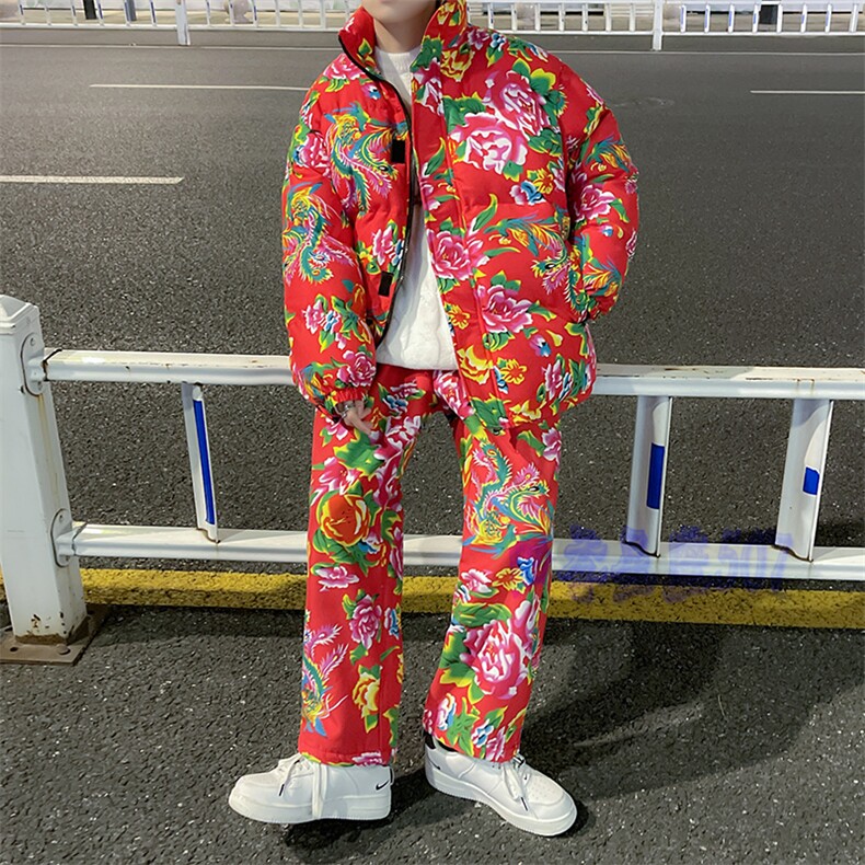 H203情侣东北大花风民族风特色牡丹大花棉袄加绒裤套装男女潮,男装棉衣,星座115A(原星座507）