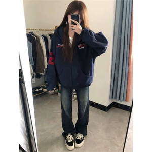 5254-P53复黑底+印花+毛巾绣 休闲宽松卫衣薄款/加绒图片