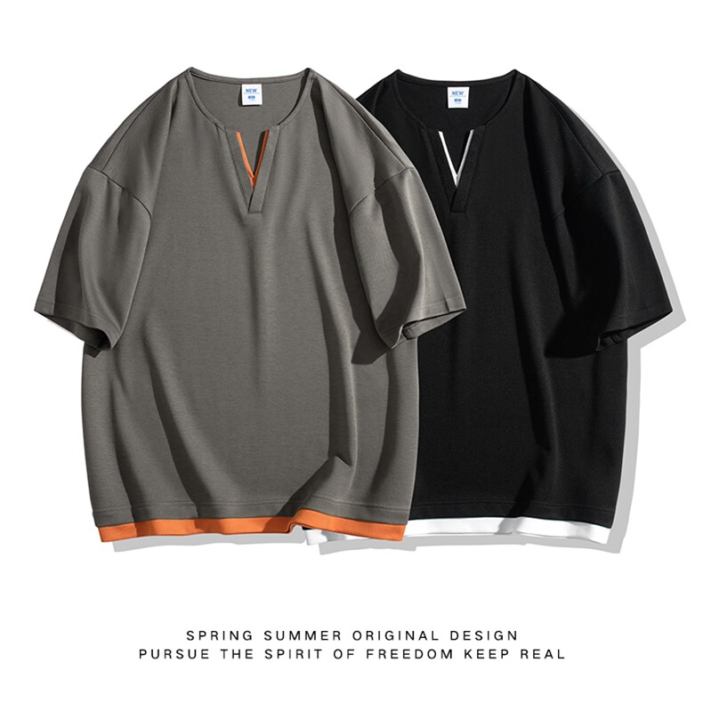 短袖男日系白底体恤夏季休闲百搭纯色V领T恤男上衣TC3134-P30控50,男装T恤,星座717
