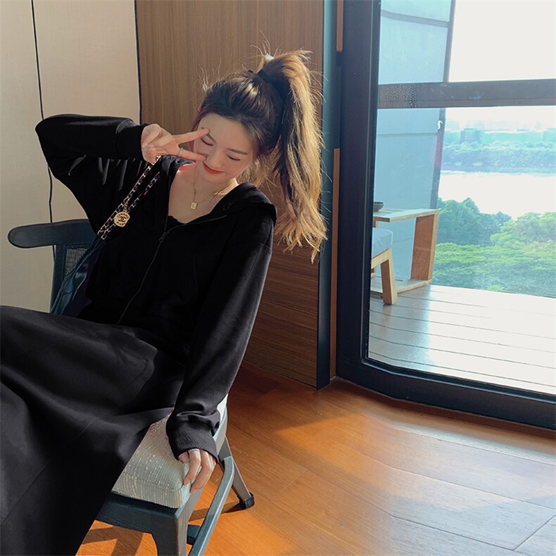 多巴胺穿搭火龙果色卫衣连衣裙女秋2024新款休闲运动长裙两件套装,女装套装/套裙,2C088