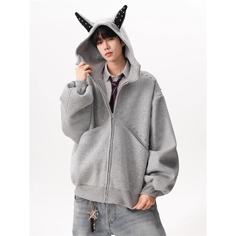 秋冬季美式兔耳连帽卫衣柳钉重磅潮牌加厚设计感情侣外套W29P58,女装短外套,电商D315