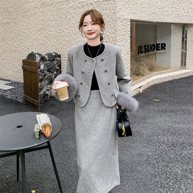 有货【新品】时尚减龄小香风羽绒服袖口真毛663#-P295-K398,女装套装/套裙,2C317