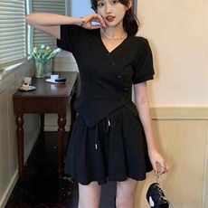 两件套不规则V领短袖T恤夏季韩版新款修身显瘦抽绳短款套装女，男装T恤，星座506A