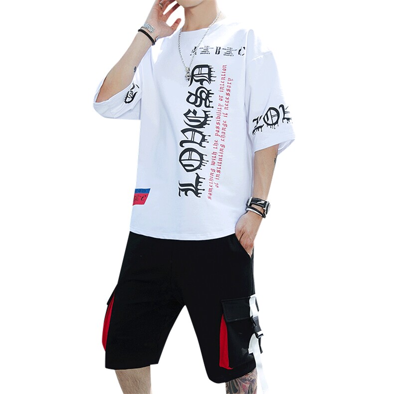 新款夏季潮流时尚T恤男装青少年宽松休闲圆领套装单衣F178P70,男装休闲套装,电商A086