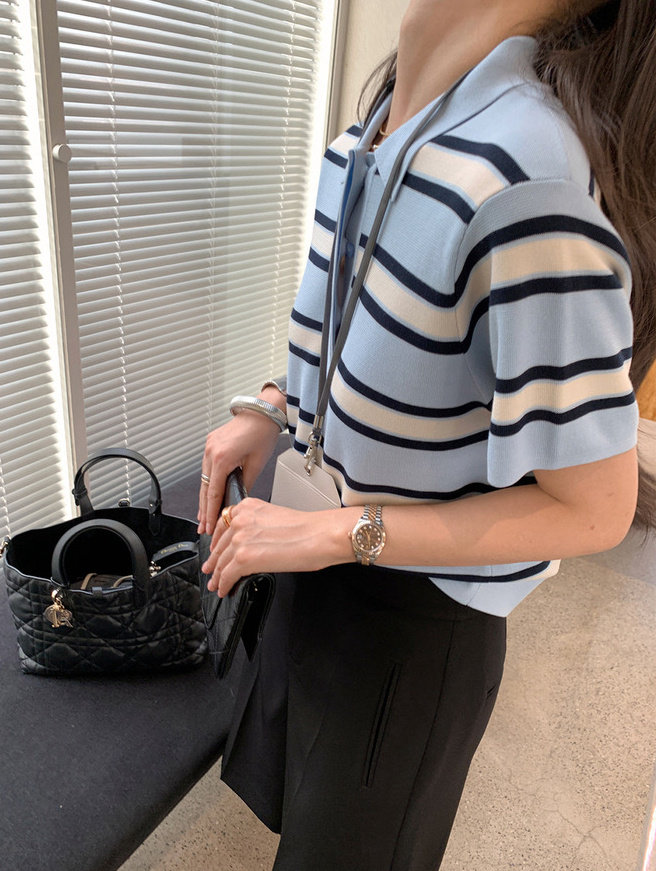 时尚条纹针织衫女短袖宽松显瘦百搭休闲上衣,针织衫/毛衣,沐策羊绒