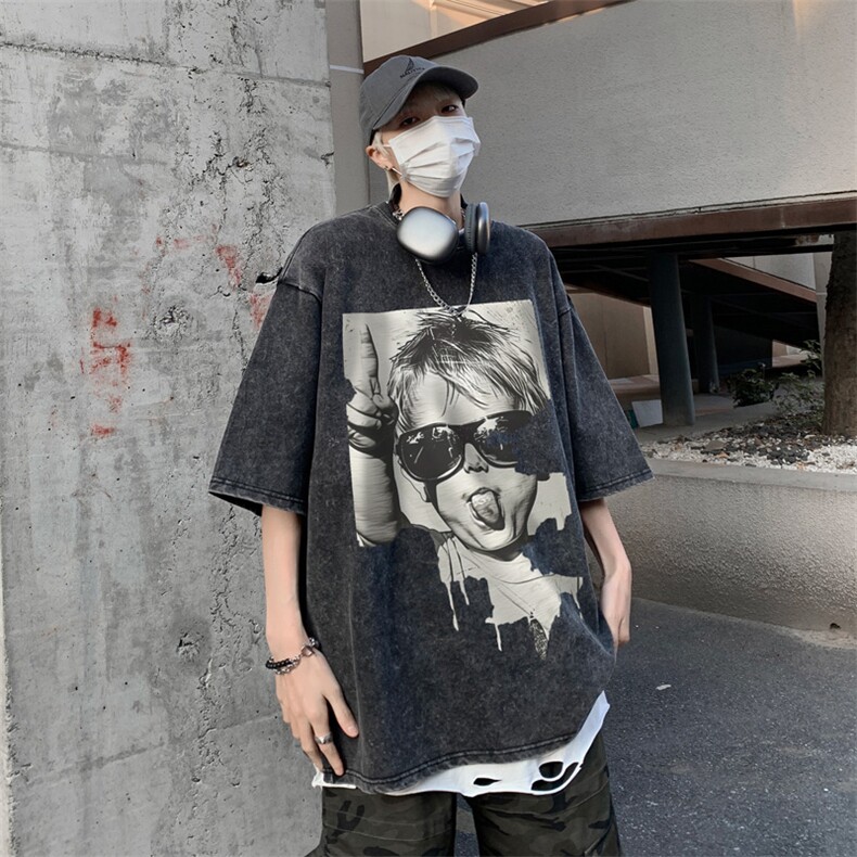 复古水洗做旧趣味人物印花重磅落肩袖短袖T恤XZ514-2-24120-P38,男装T恤,星座514-2(原B239)