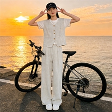 港风时尚休闲套装女春季圆领纽扣马甲上衣内搭白色T恤长裤三件套，女装套装/套裙，江南