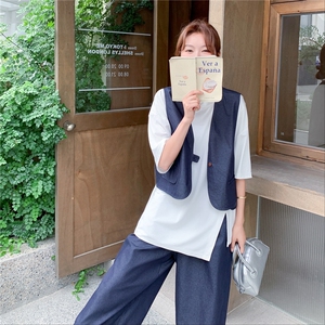 休闲减龄牛仔马甲阔腿裤套装女夏季2025新款ootd穿搭小个子两件套图片