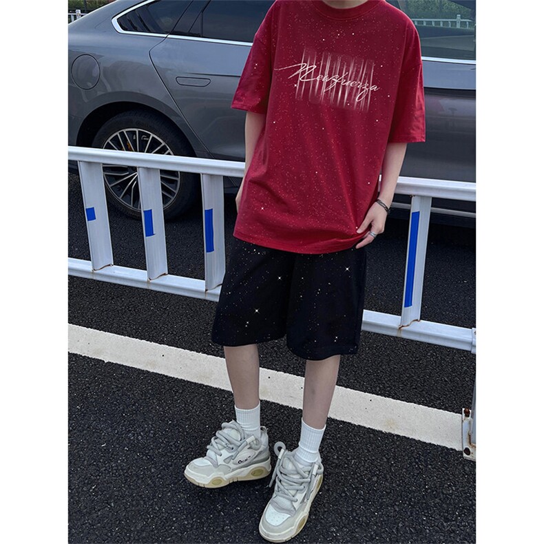 可48小时发货支持抖音得物来样二开美式满天星亮片短袖T恤MTX665,男装T恤,电商A486-1