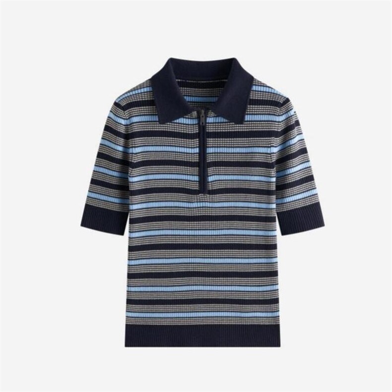 2025年秋季新款POLO珑蓝色条纹针织短袖时尚休闲通勤百搭，女装T恤，致织羊绒