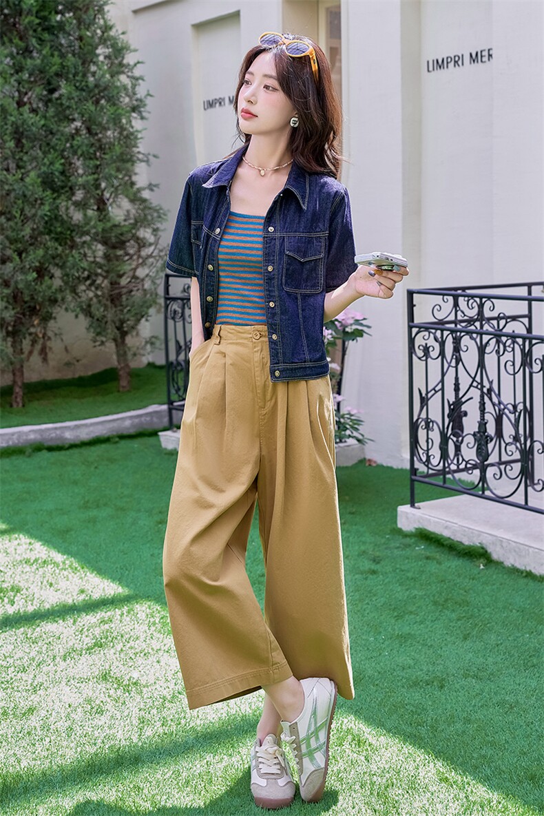 时尚牛仔套装女2025夏季淡人条纹洋气减龄小个子工装阔腿裤三件套,女装套装/套裙,铭街依杨