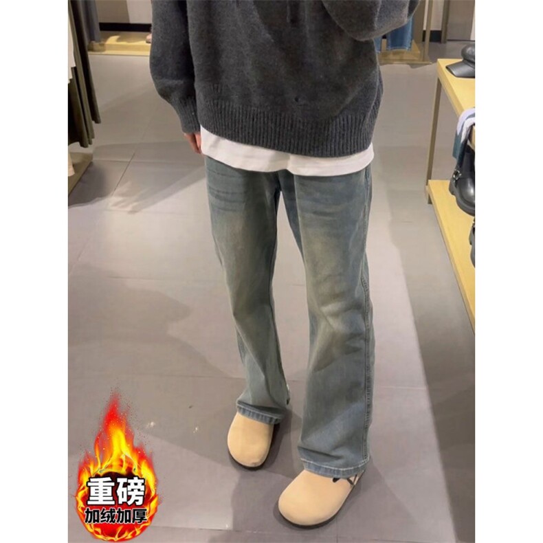 复古蓝直筒加绒牛仔裤男冬季显瘦弯刀裤子美式高街vibe修身微喇裤,男装牛仔裤,四季星座505