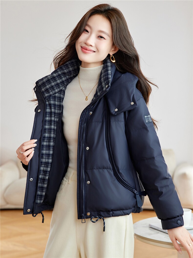 现货！免洗PU皮羽绒服女2025冬季新款小个子时尚格子拼接外套,女装羽绒服,沐七七