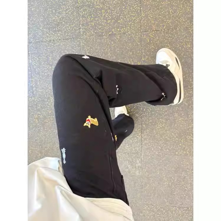 美式腊肠狗刺绣牛仔裤男春秋新款潮牌直筒宽松水洗微喇高街长裤子,男装牛仔裤,四季星座505