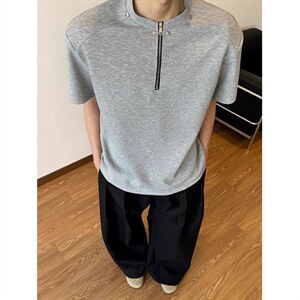 夏季新款短袖半拉链圆领短袖美式休闲重磅纯色方格T恤潮男图片