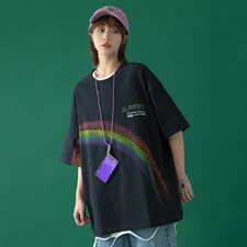 2023夏季新款 港风 中性风宽松圆领彩虹印花半袖T恤 T30-P28图片